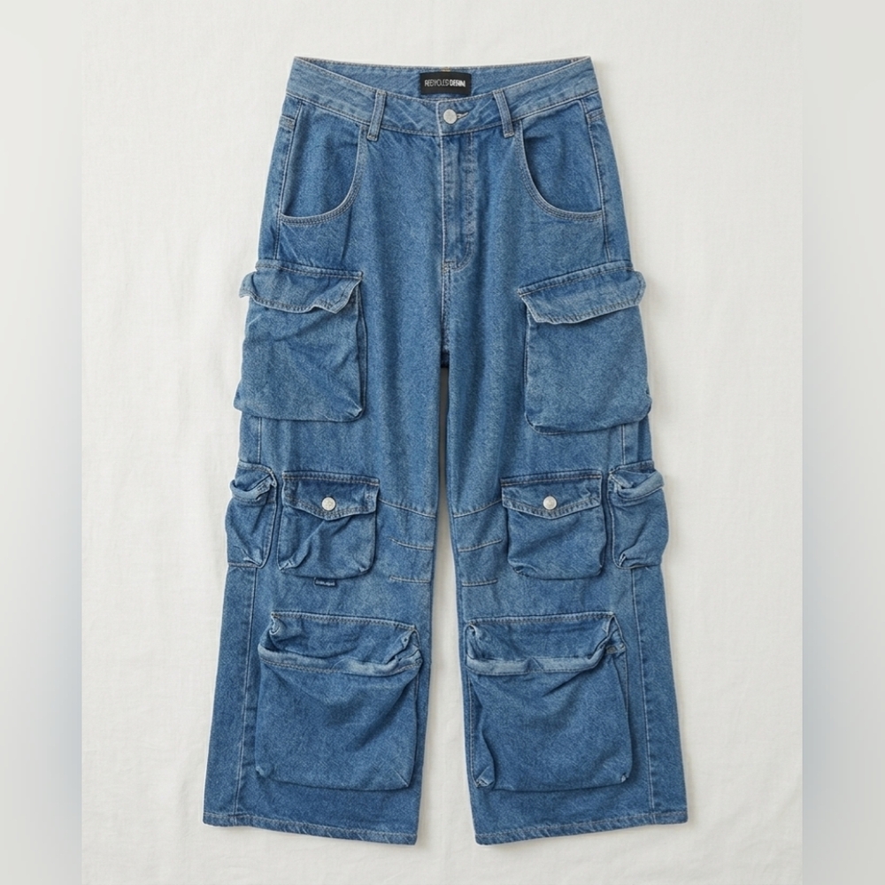 FASHION NOVA Dark Wash Slouchy High Rise Cargo Wide Leg Baggy Jeans - Size 7